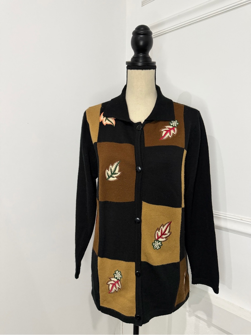 Anthony Richards Black & Brown Patchwork Cardigan with Leaf Embroidery